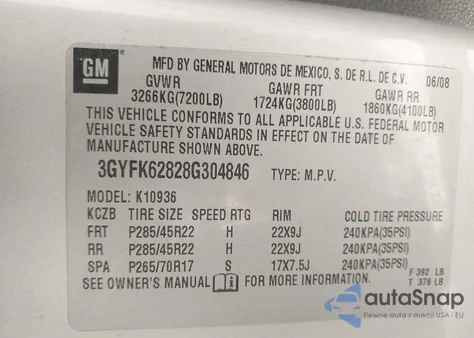 2008 Cadillac Escalade Ext Standard z USA, uszkodzony, nr VIN 3GYFK62828G304846